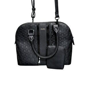 Aldo Black Textured Dome Satchel Handbag & Wallet Pouch